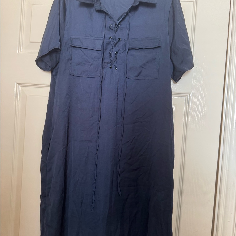 Navy Blue Lace-Up Shirt Dress